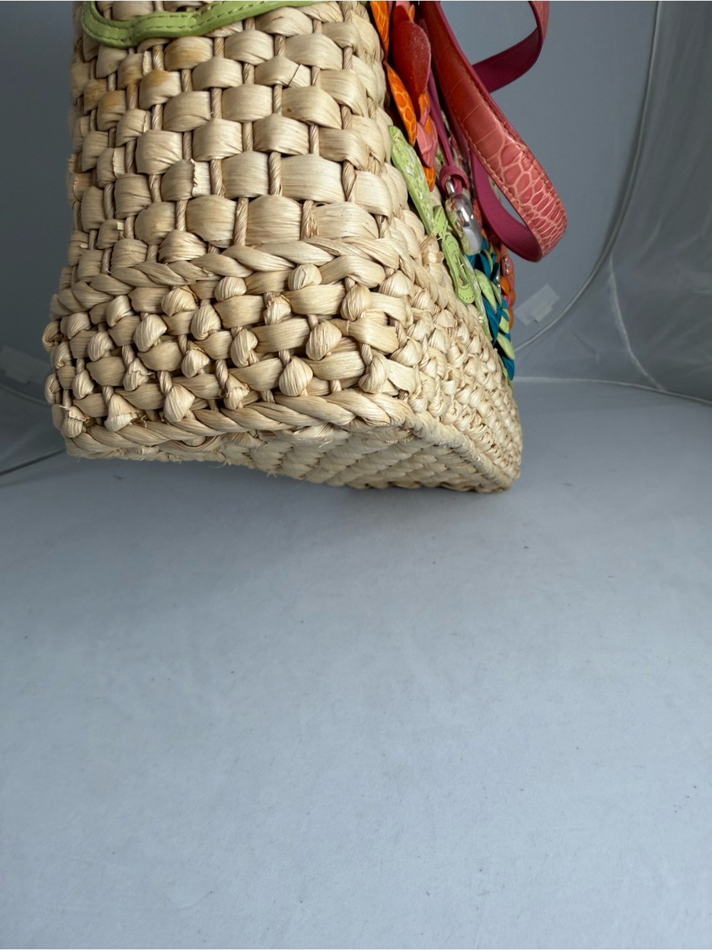 Brighton Beige Straw Tote with Pink Trim and Multicolor leather Floral Appliqués - Picture 9 of 12